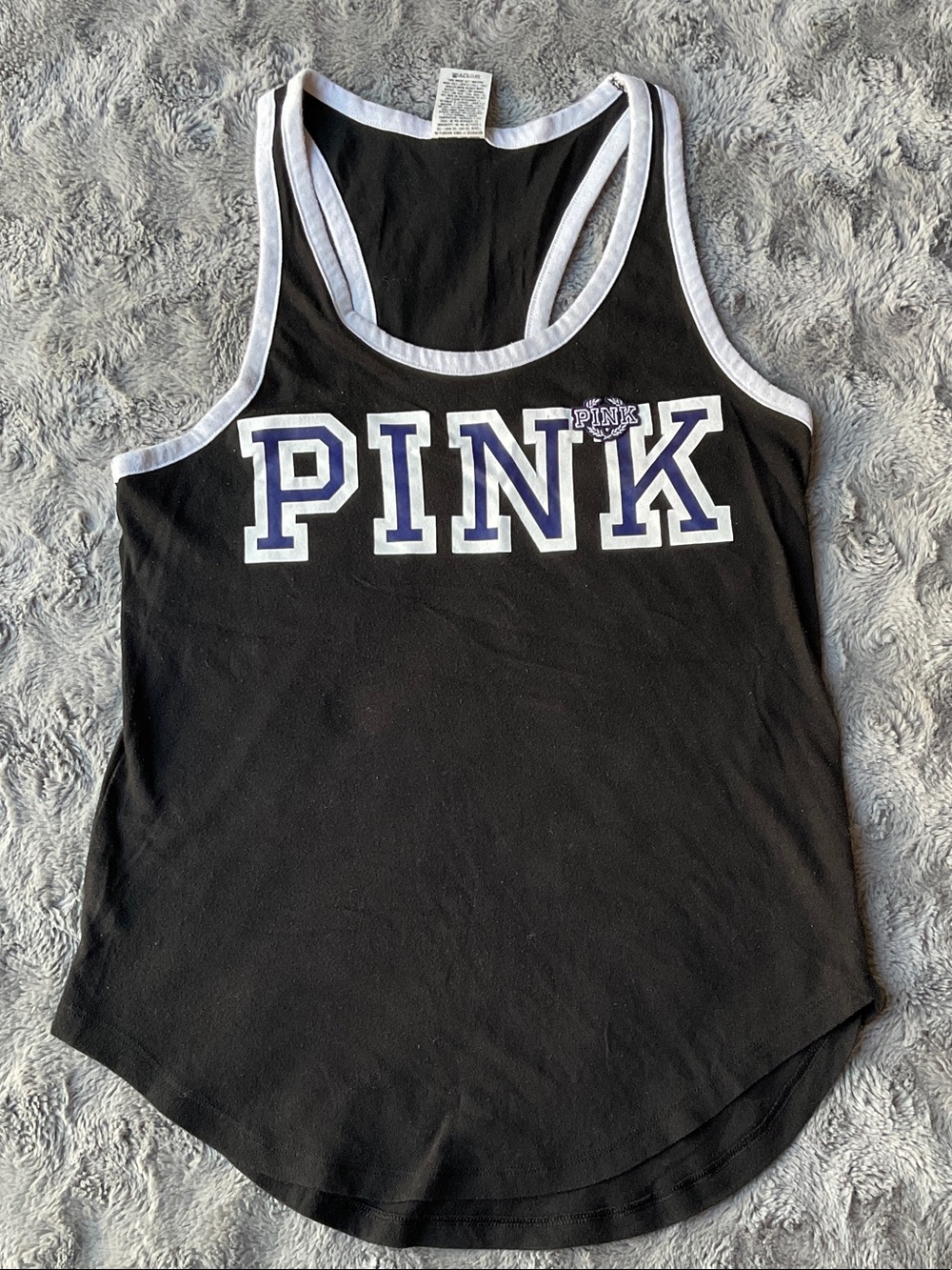 PINK Victoria's Secret Black Racerback Tank with White Trim and Purple Logo